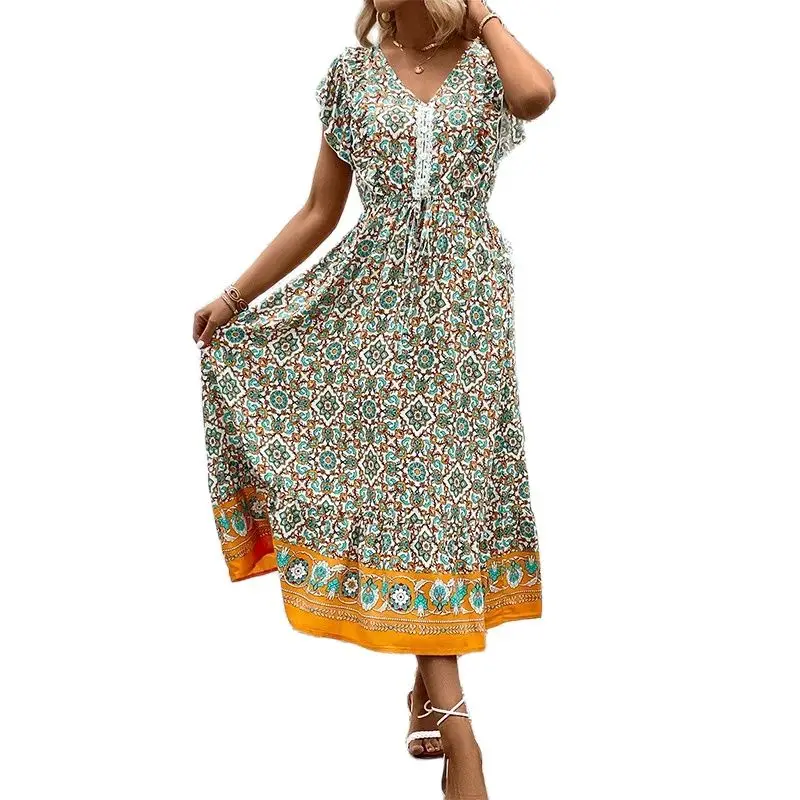 

Elegant Short Ruffle Sleeve Elastic Waist Large Swing Mid-Calf Boho Dresses For Women Spring Light Floral Viscose Dresses