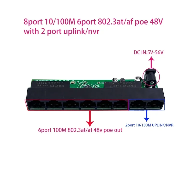 

8port 802.3at/af poe 48v or 1-6port poe in with 2 port 100M UPLINK/NVR outnetwork switch DC IN 5V-56V