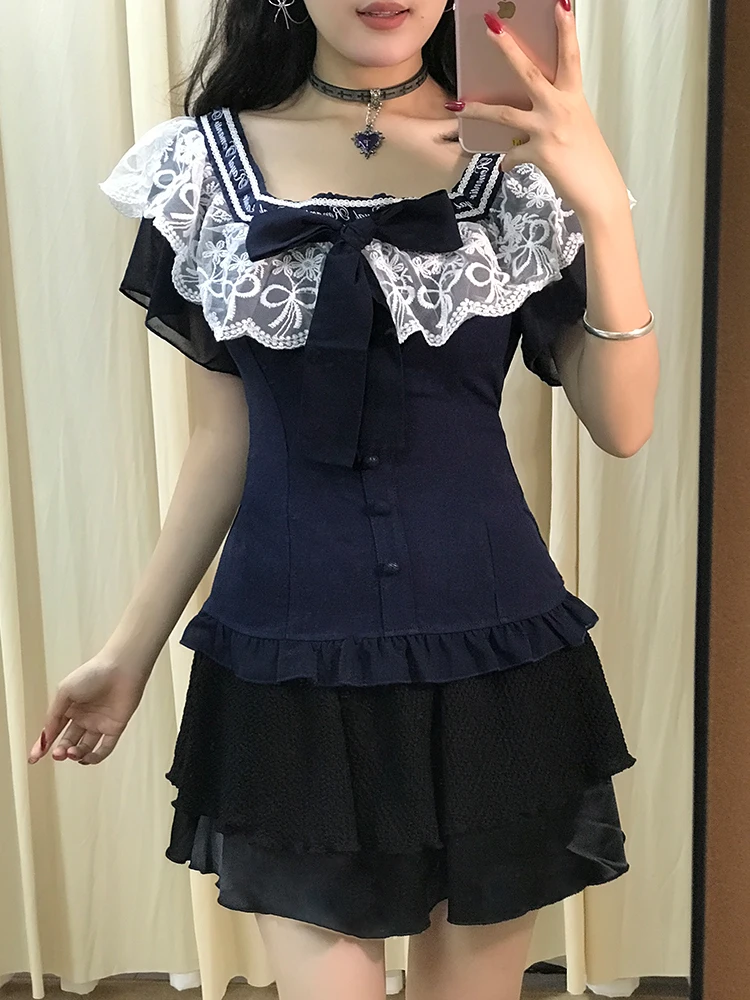 Sommer 2022, neue Spitze, Spleißen, quadratischer Kragen, Taille, Cinching-Top, hohe Taille, schlankmachender Rock, ort Dring, zweiteiliges Set für...