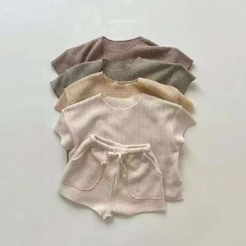 

Summer new children's casual short-sleeved home suit girls loose knit T-shirt top boys' baby casual suit 0-5 years old