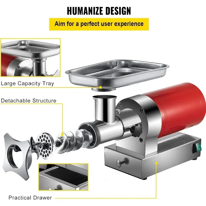 Picadora de carne eléctrica, picadora de carne de 661 libras/hora y 1100 W, picadora de carne eléctrica de 1,5 HP con 2 placas de molienda para YX143TB