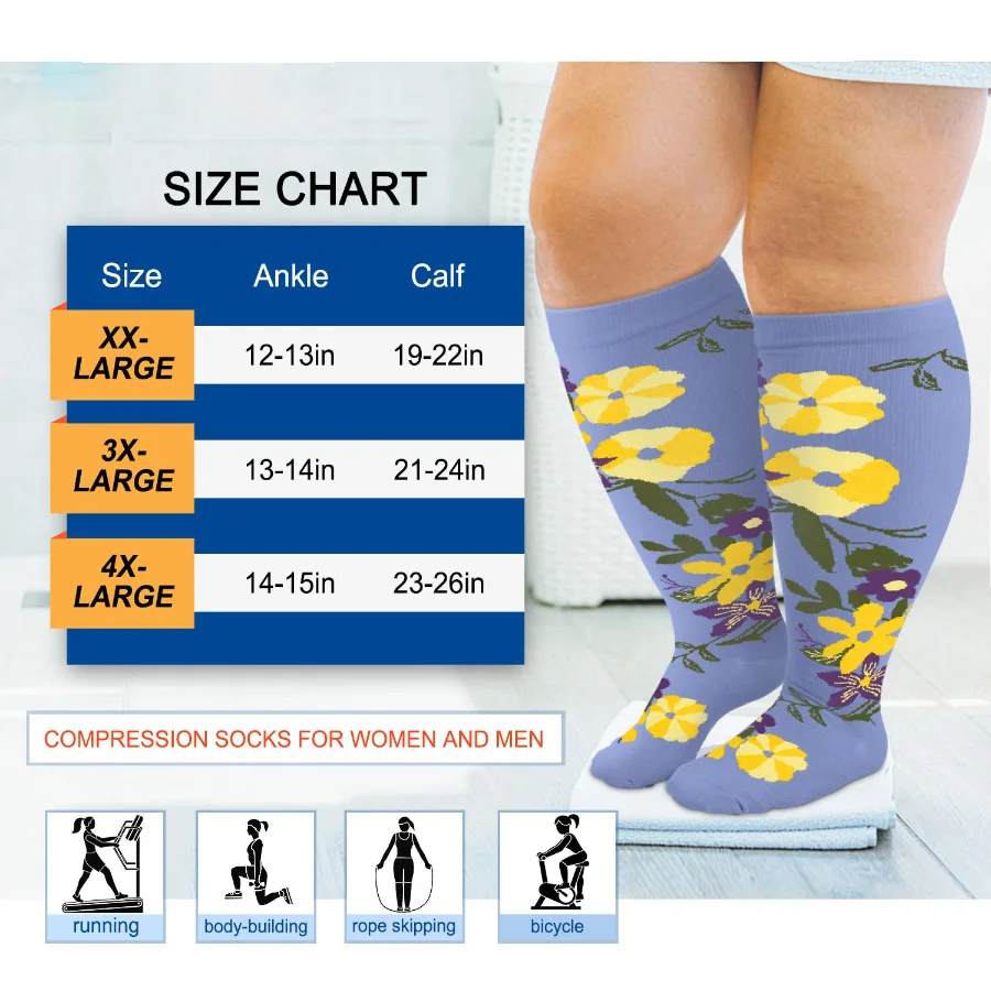 4 pary skarpet kompresyjnych dla kobiet i mężczyzn, z szerokim stanikiem, idealne do biegania, jazdy na rowerze i podróży.