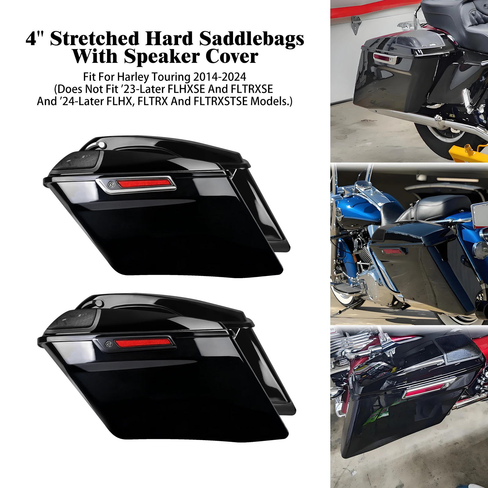 

Motorcycle 4" Stretched Saddlebag With Speaker Cover Extended Storage Hard Bags For Harley Touring Electra Street Glide 2014-24