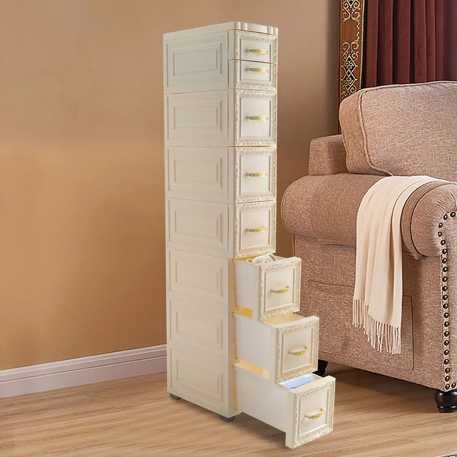 

7-Tiers 18*32*116cm Milky-White Floor Floor Cabinet Features With 8* Drawers For Categorize Items