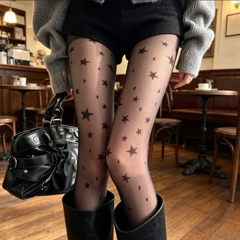 Y2K Star Polka Dot Fishnet Tights for Women Alternative Grunge Punk Pantyhose Vintage Retro Sheer Stockings for Hot Girl Style