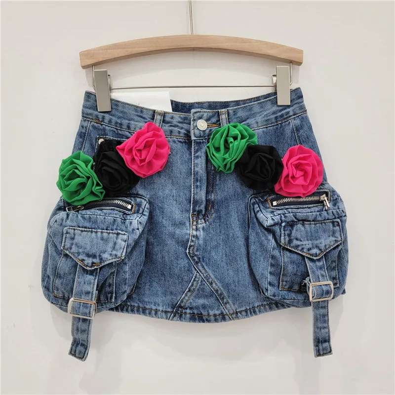 Three-Dimensional Flower Large Pocket Denim Skirt Women's 2024 Summer New Design High Waist A- Line Sheath Skirt for Woman