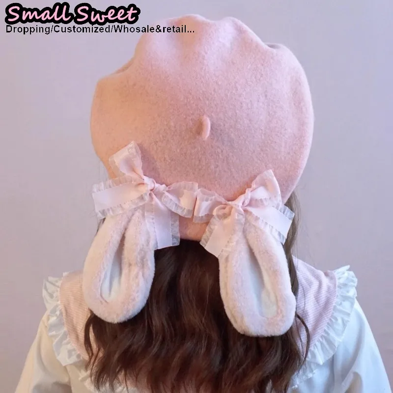 

Готическая шерсть Харадзюку для девочек, женская Лолита, пушистая шапка с заячьими ушками и бантом, универсальная шляпа Мисс Стиль Y2K, берет, восьмиугольная кепка, газетная шапка