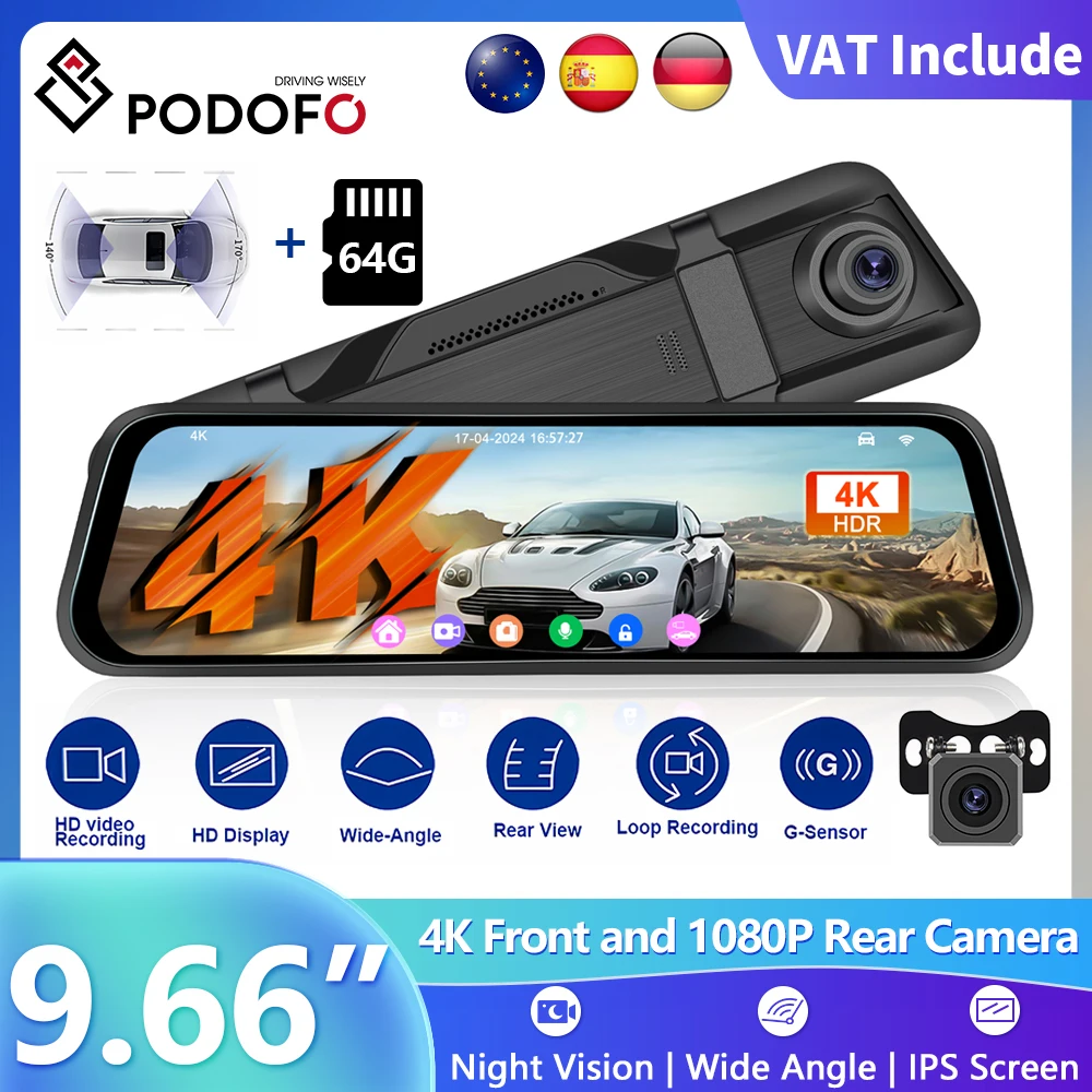 9,66 pulgadas 4K HD coche DVR IPS pantalla táctil Dash Cam grabadora de vídeo de doble lente WIFI flujo vista espejo selección de gravedad BSD LCA