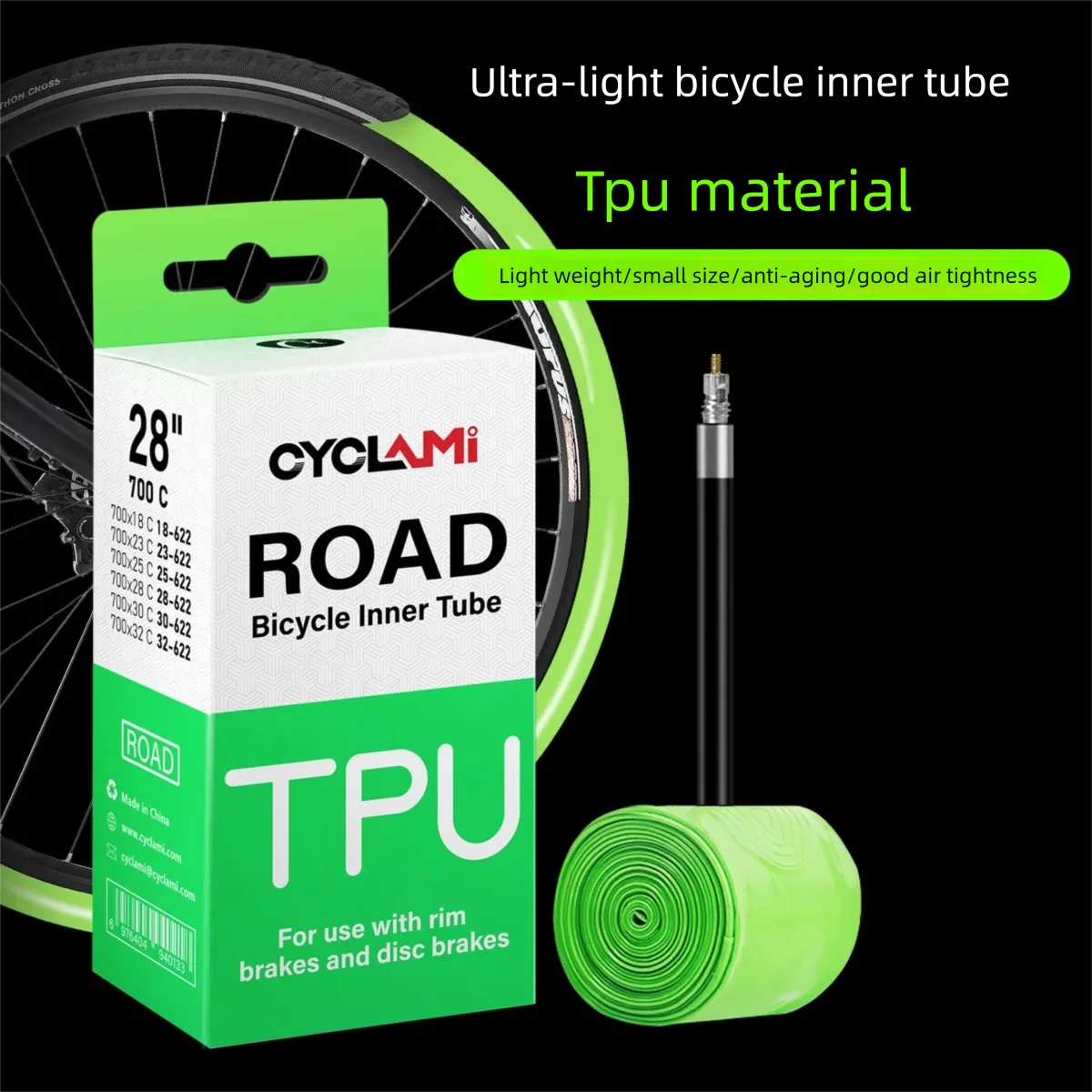 

Сверхлегкая внутренняя трубка из ТПУ для шоссейного велосипеда CYCLAMI, 30 г, включает нашивку, рычаг шины, шток клапана и защита от проколов.