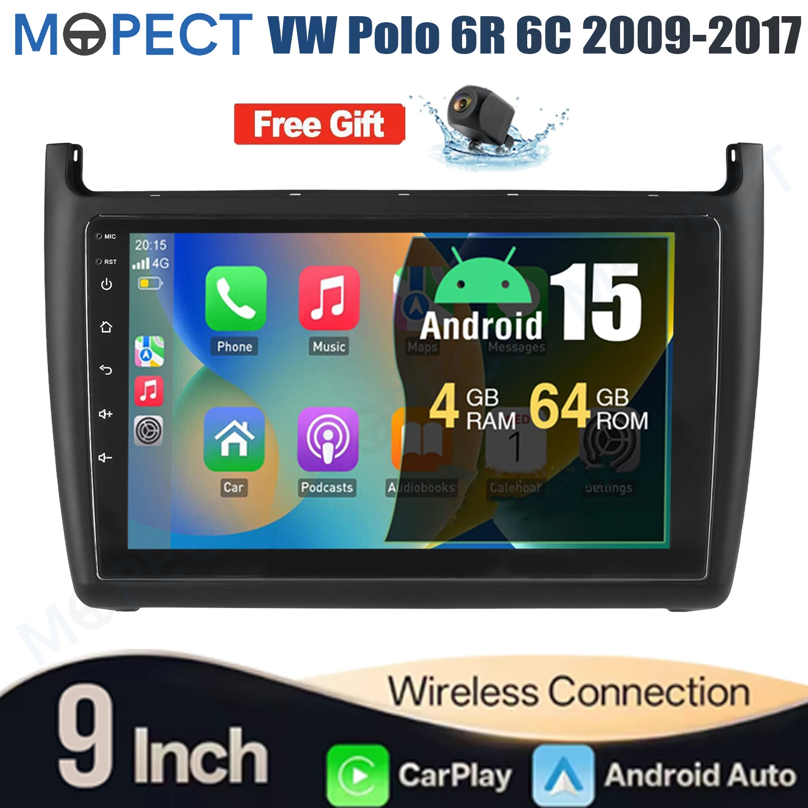 4+128GB 9 inch Android 15 autoradio met CarPlay voor VW Polo 6R 6C 2009-2017 GPS navigatie touchscreen FM/AM head unit SWC+DAB&camera