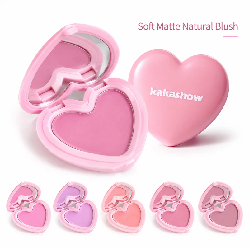 KAKASHOW Heart Shaped Blush Powder 5 Colors Soft Matte Buildable Long Lasting Natural Flush Compact Mirror Korean Makeup