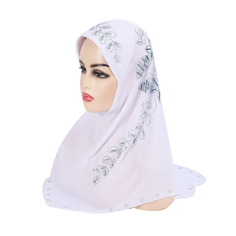 Adults Big Girls Medium Size Women Muslim Hijab Scarf with Rhinestones Islamic Headscarf Hat Armia Pull On Headwrap Ramadan Gift