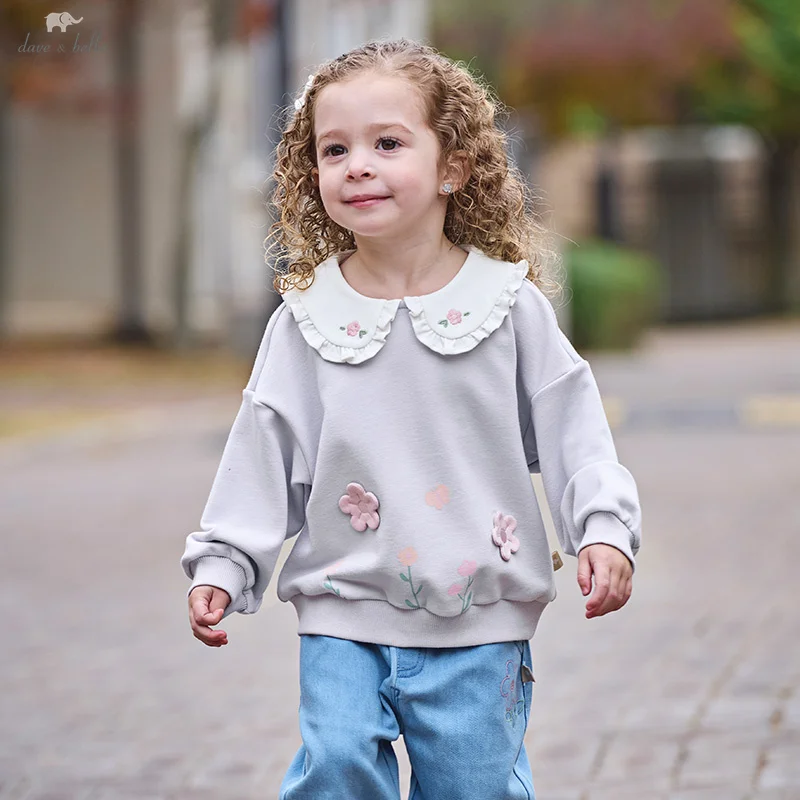 Dave Bella 2025 Spring Girls Baby Hoodie Casual Sweet Lovely Floral Print Children's Long Sleeve Lapel Top Outdoor DB1250625