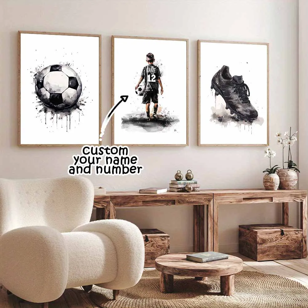 3-teiliges Set Individueller Fußballspieler Name & Nummer Leinwanddruck Schwarz-Weiß Graffiti-Design Wandkunst Poster für Moderne Heimdekoration
