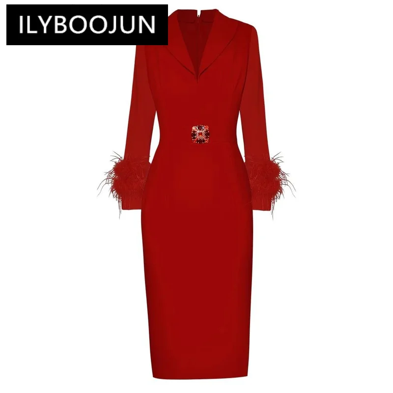 

ILYBOOJUN Fashion Designer Spring Pencil Dress Women Turn-down Collar Feathers Long Sleeve Diamonds Elegant Party Dresses