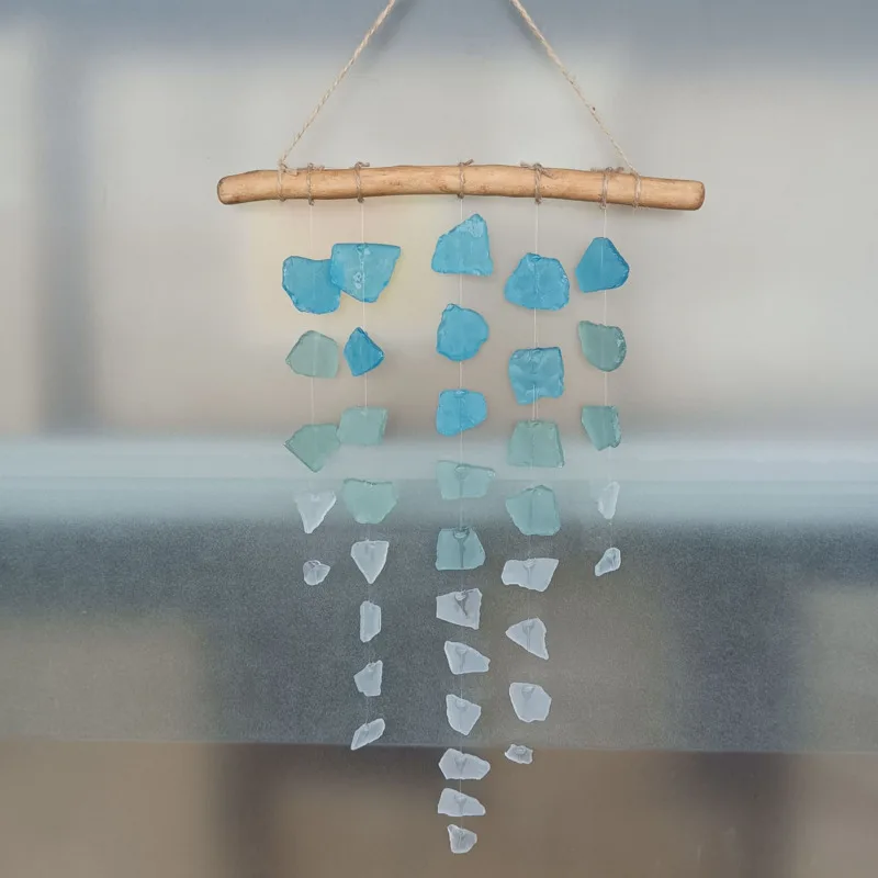 Sea Glass and Driftwood Wind Chime Bohemian Handmade Hanging for Garden Patio Porch Home Decor Nautical Boho Windchime Gift