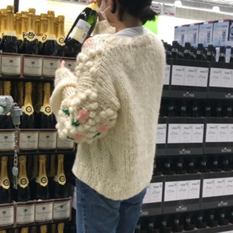 Pearls Buttons Knitted Cardigan Women Vintage Embroidered Sweater Ball O-Neck Tops Korean Loose Sweet Autumn Winter Coat