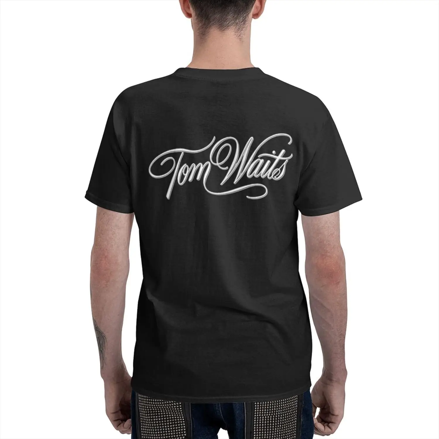 Tom Music Waits Men's Short Sleeve T-Shirt Double Sided Printing Casual Crew Neck Tops Black