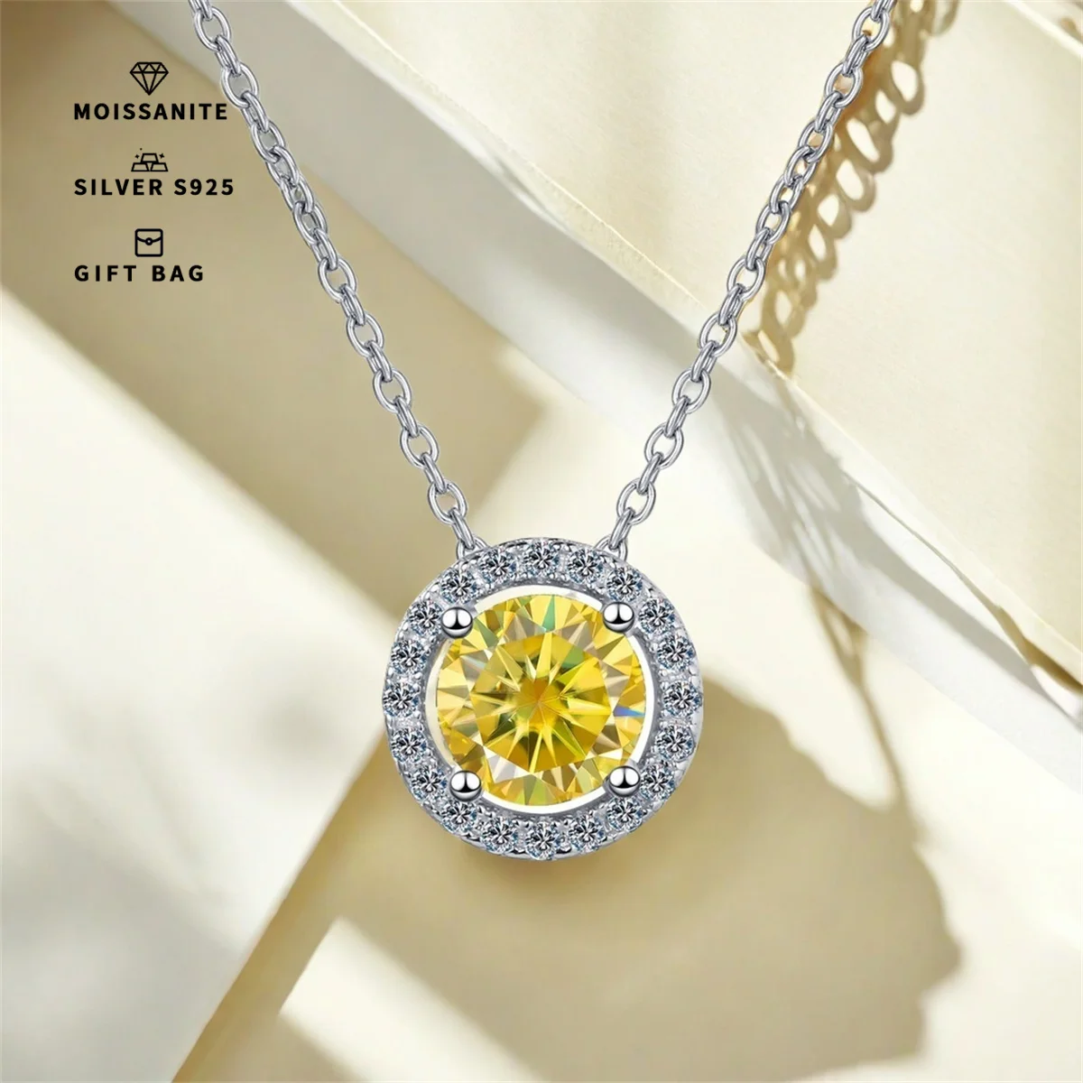 S925 silver plated platinum 0. 5ct/1ct/2CT Men's & Women's pendant inset round Lemon Yellow GRA moissanite chain luxury jewelry