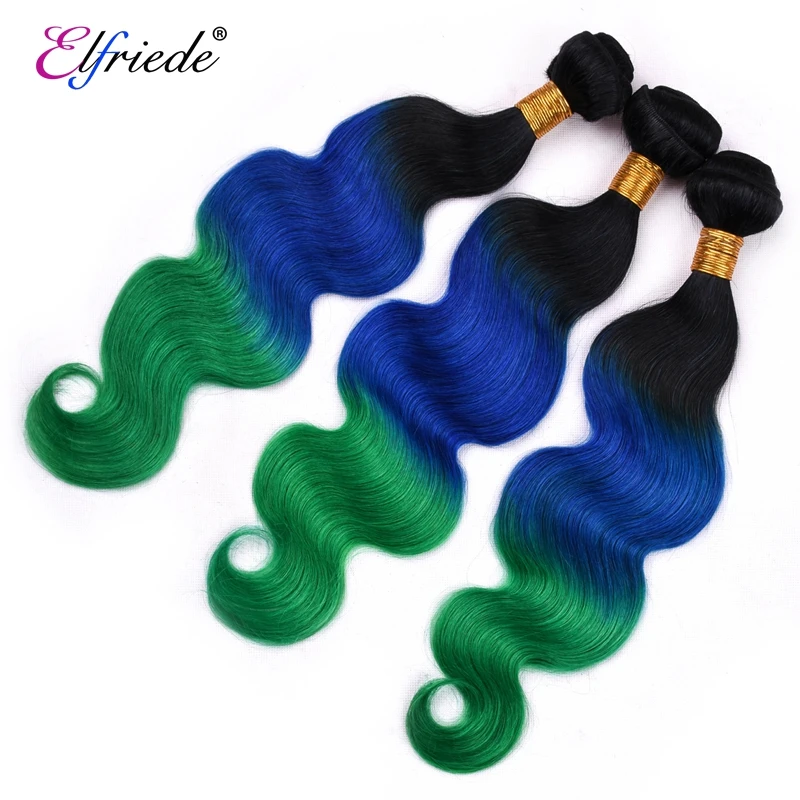 Elfriede Body Wave #T1B/Blue/Green Hair Bundles with Frontal 100% Remy Human Hair 3 Bundles with Transparent Lace Frontal 13x4