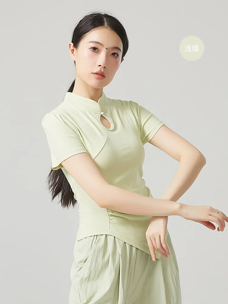 الرقص الترفيهي 2025 الصيف فستان رقص كلاسيكي جديد الصينية تي شيرت الوقوف طوق الجوف أعلى غير المتماثلة قصيرة الأكمام