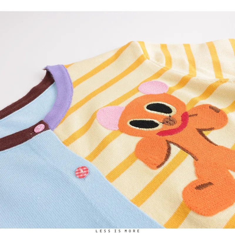 甘い漫画ジャカードカラーブロックストライプニットカーディガン女性の秋ヴィンテージ O ネックフルスリーブセーター女性ニットトップス