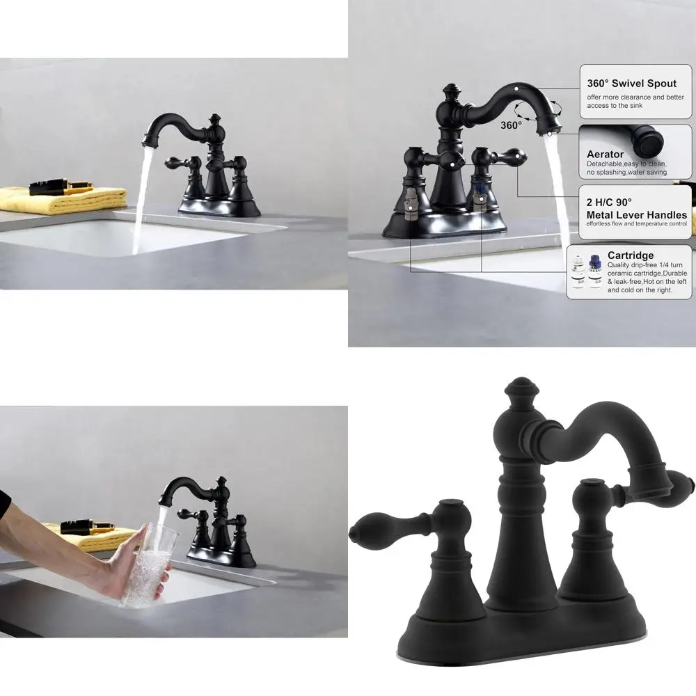 

3 Hole Matte Black Bathroom Faucet with 360° Swivel Spout and Pop-Up Drain, Traditional 4 Centerset Lavatory Fixture