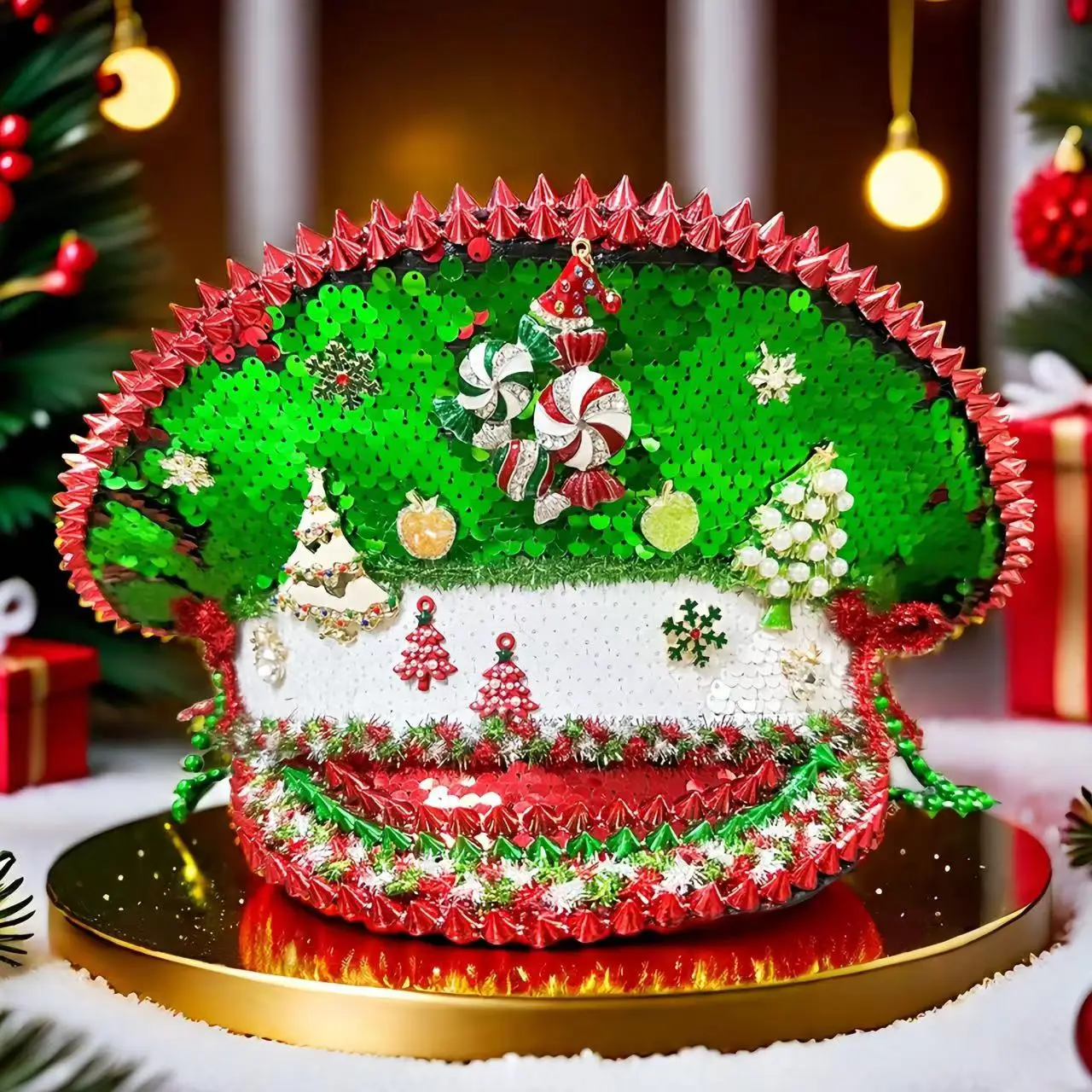 Weihnachtsmütze, Weihnachtsfest, Kapitänsmütze, luxuriöser Partyhut, handgefertigt, Polyester, Maskerade, Kopfbedeckung, Unisex, Strasskappe, Cosplay