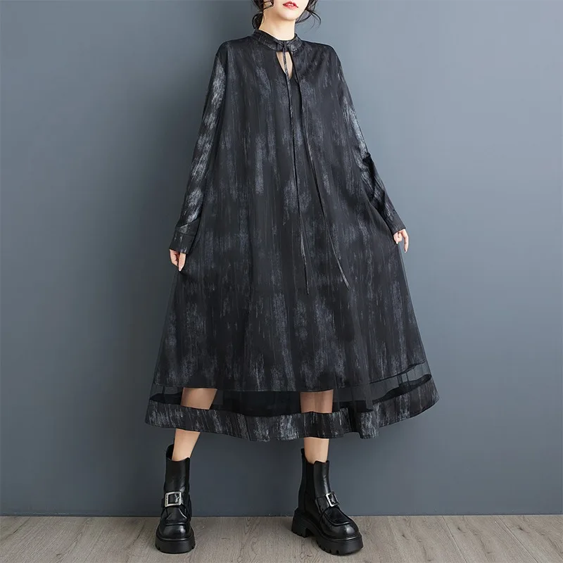 Solto casual e elegante tinta impressa malha dupla camada grande balanço vestido com estilo socialite decote em v rendas até saia longa