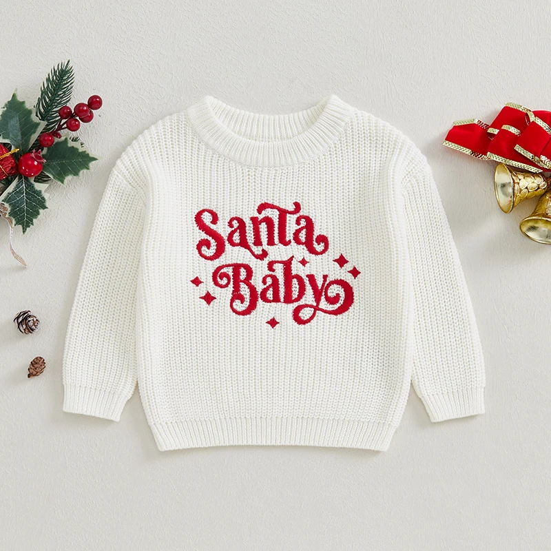 VISgogo 0-3 Years Baby Boy Girl Christmas Sweater Letter Embroidery Long Sleeve Crew Neck Pullover Knit Tops for Fall Winter