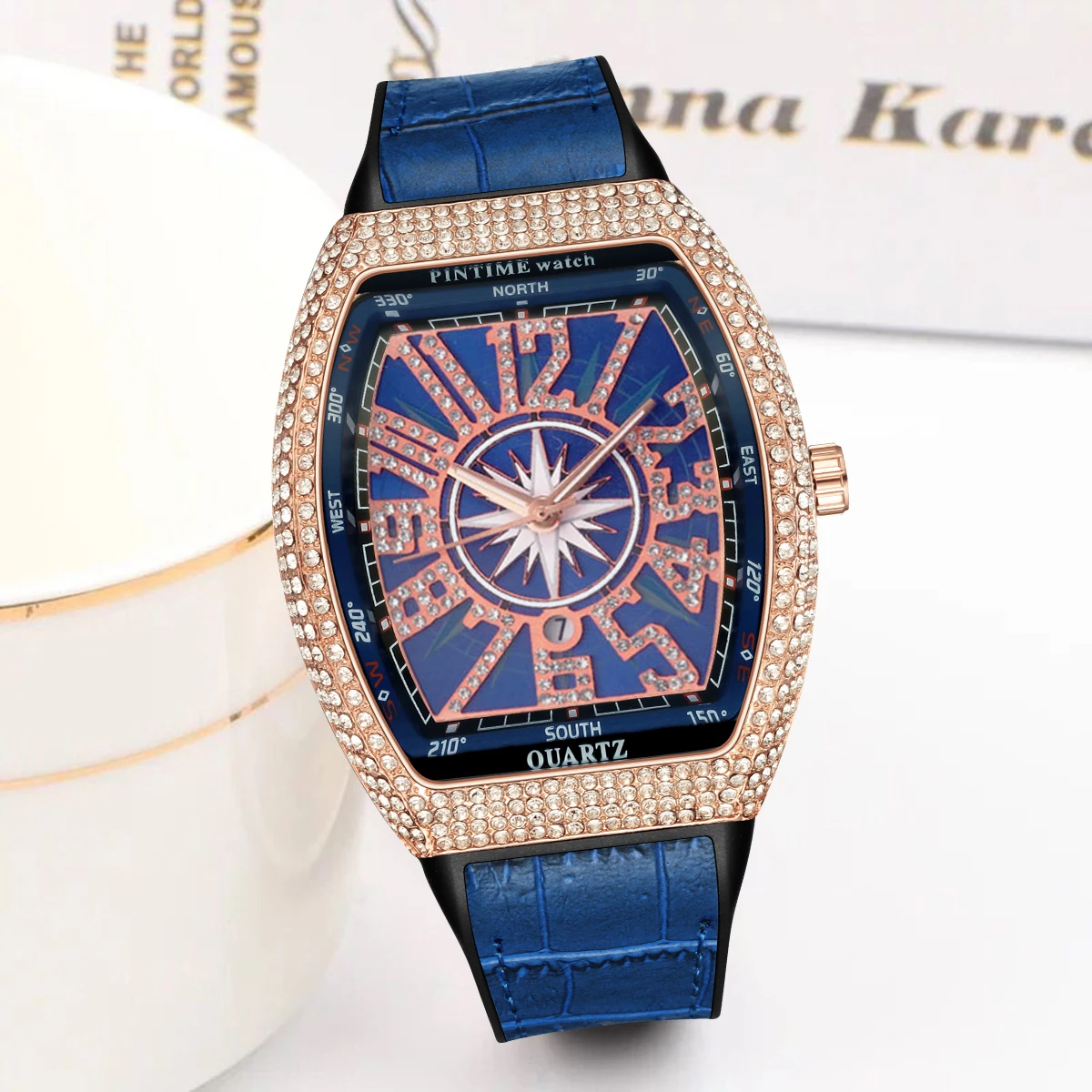 Reloj de pulsera de cuarzo para hombre, cronógrafo de lujo con diamantes Iced Out, resistente al agua, con banda de silicona azul, informal, para