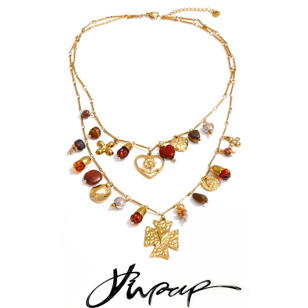 Yhpup Collana con ciondoli con ciondolo a forma di fiore a forma di cuore con perline in resina impermeabile a doppio strato Gioielli francesi in acciaio inossidabile placcato oro 18 carati