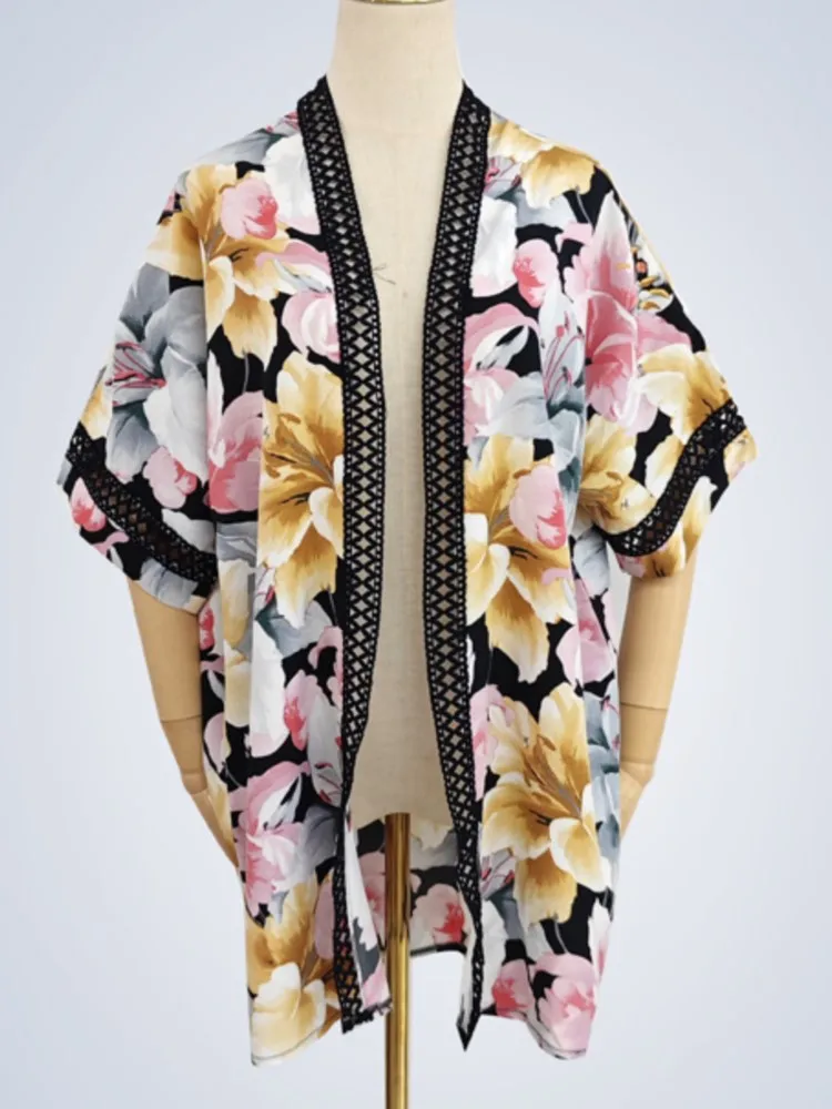 Strandkimono voor dames met bloemenprint, badpak, cover-up, wikkeljurken, badpakken aan zee, strandkleding, 2025, zomerbadmode, strand