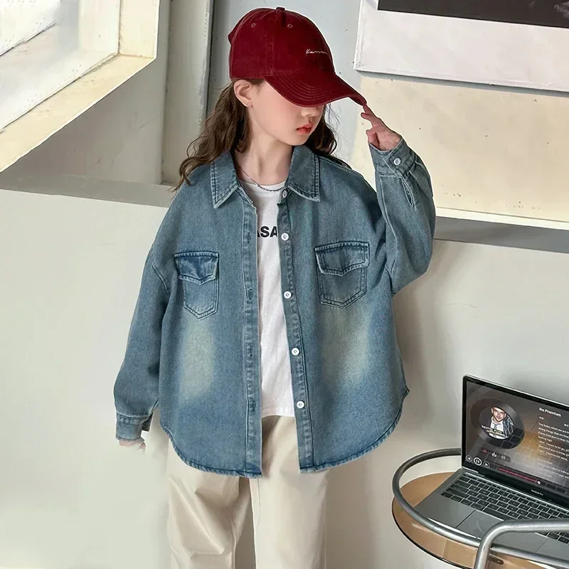 Kids jacket for Girls clothes Spring and Autumn Korean Casual Denim Shirt Junior High School Foreign Style Children's Tops