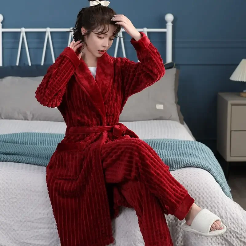 Long Style Sex Appeal Bathrobe Pajamas Warm Set Coral Fleece Loungewear Solid Color Night Gown Female Autumn and Winter Flannel