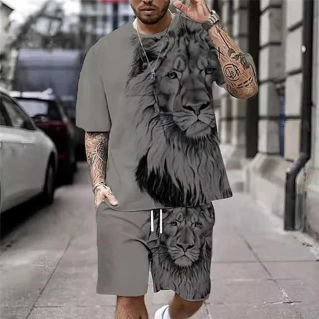 

2024 Summer Street 3D Lion Print Oversized 2-Piece Men's Clothing Plus Size Men's Cool T-shirt Shorts Set