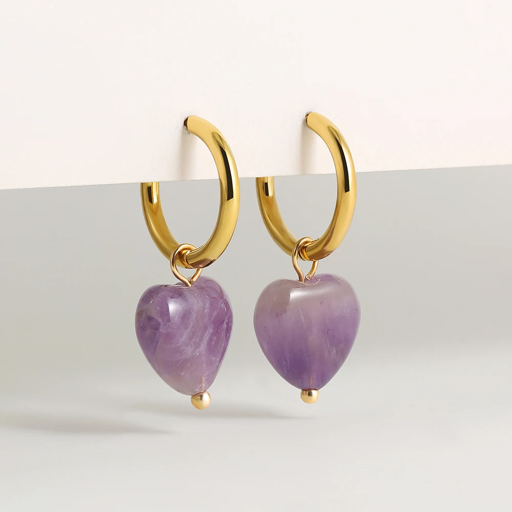 أقراط متدلية أنيقة على شكل قلب من الأحجار الكريمة للنساء ، حبات من الأحجار الطبيعية ، الفولاذ المقاوم للصدأ ، الطوق الدائري ، هدايا العناق