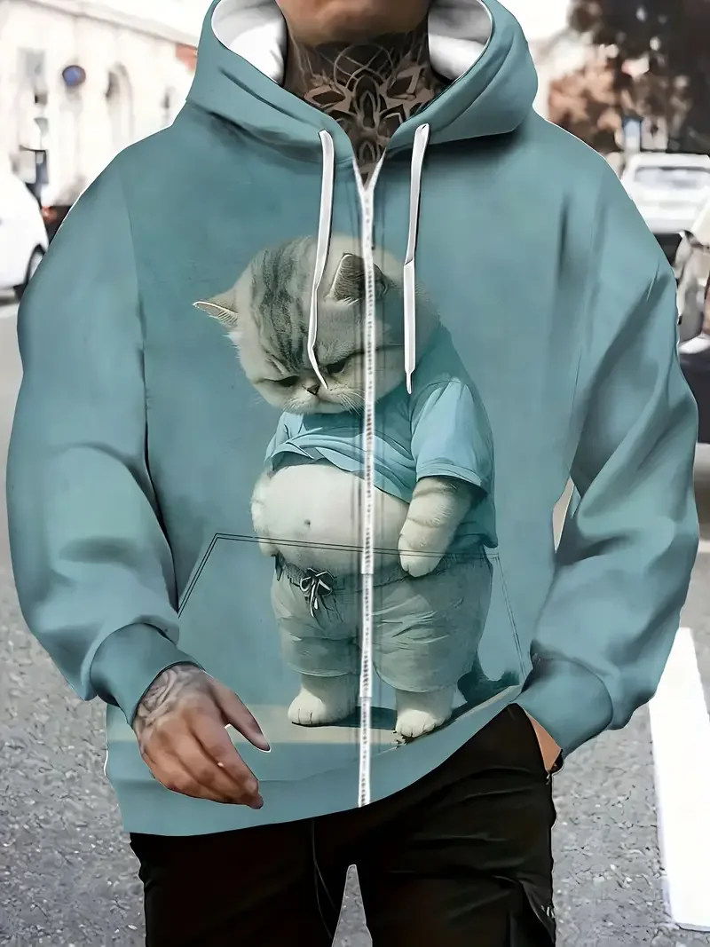 Engraçado gato gordo impressão 3d casual jaqueta com capuz com bolsos zíper lapela camisa moda ao ar livre casual vintage homem topos