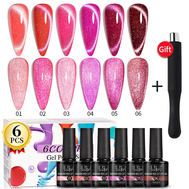 

AWStorG 6Pcs/Set 7.5ml Red Ruby Cat Eye Magnetic Gel Nail Polish For Nails Toes DIY Sparking Glass Varnis Semi Permanent Soak Of