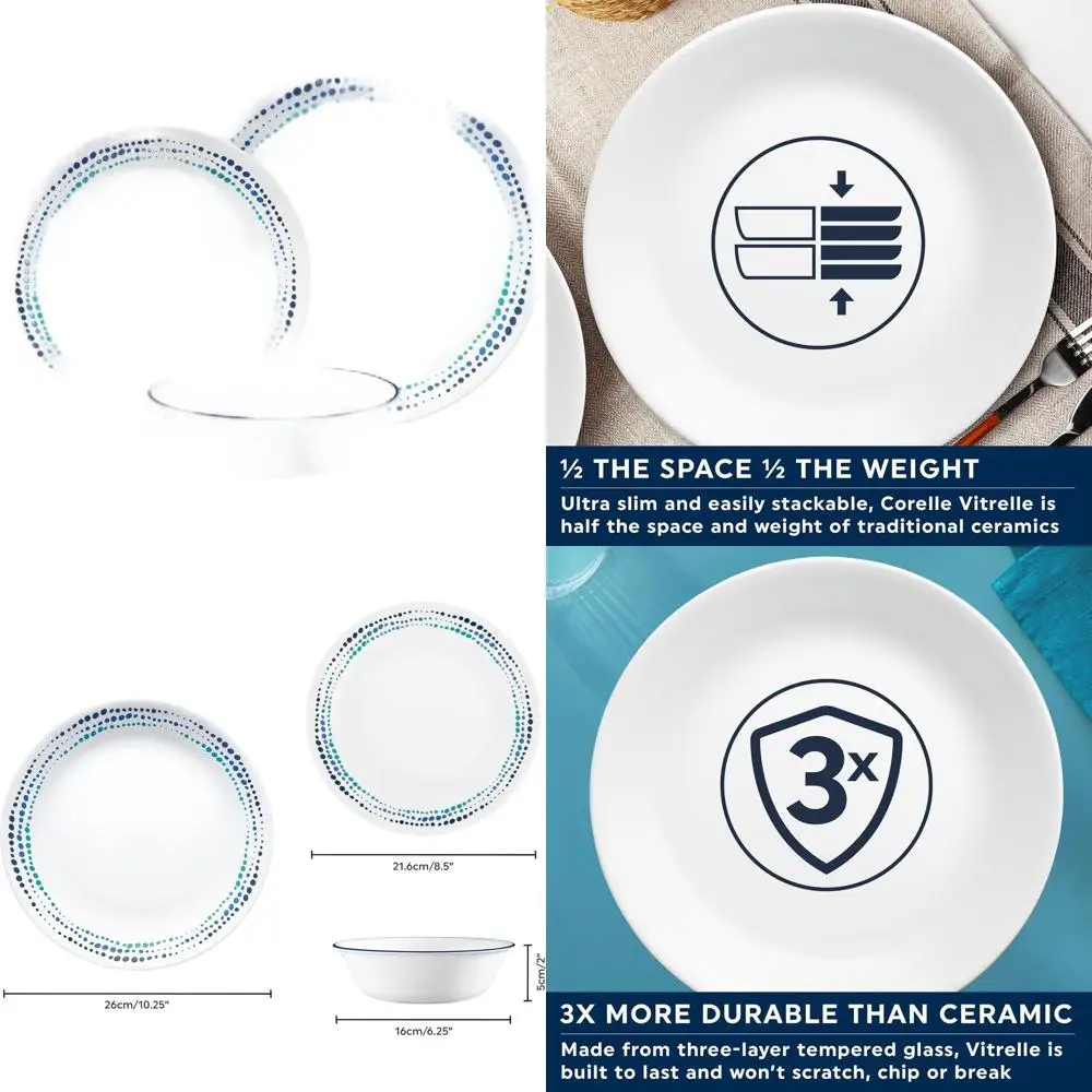 

Ocean Blue 12-Piece Dinnerware Set for 4, Including Plates, Side Plates, and Bowls, Made from 80% Recycled Glass, Lightweight an