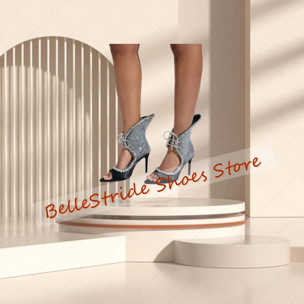 صنادل غير منتظمة من الكريستال الأسود بمقدمة مفتوحة من الجلد غير اللامع أحذية نسائية بكعب عالي رفيع للحفلات والولائم والمواعدة 2025 Zapatos Para Mujere