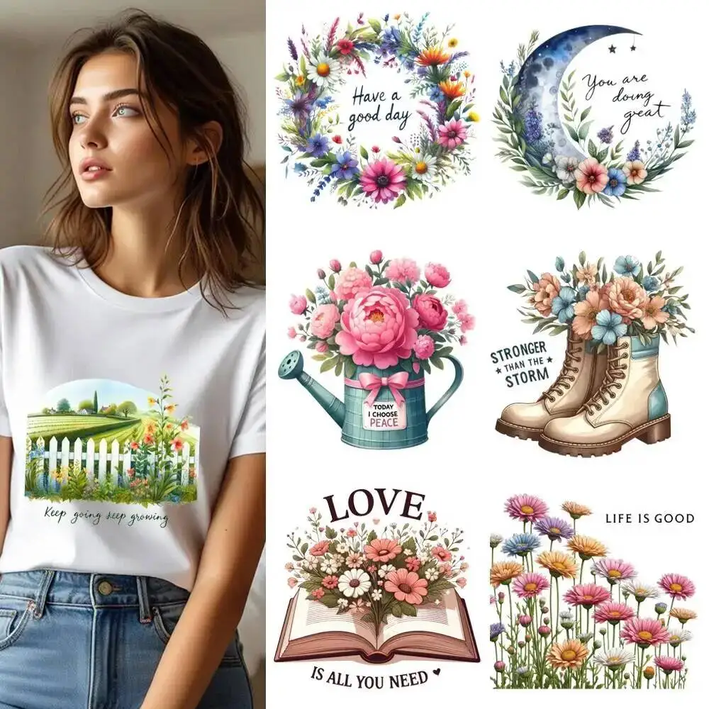 25CM Retro Floral Scenery Daisy Butterfly Heat Transfer Patches For Clothes DIY A-Level Washable Shirt Iron-on Thermal Sticker