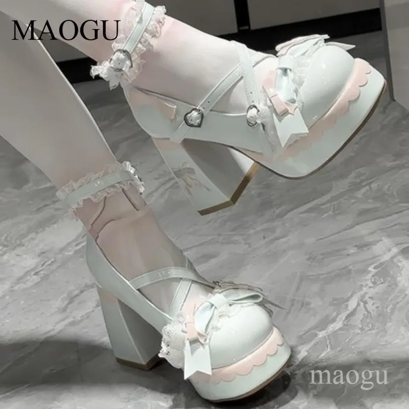 Sweet Lolita Platforms Lace Bow Decor Chunky Block Heel Mary Janes Kawaii Heart Buckle Cosplay Dress Shoes Cute Zapatos Mujer - view 3