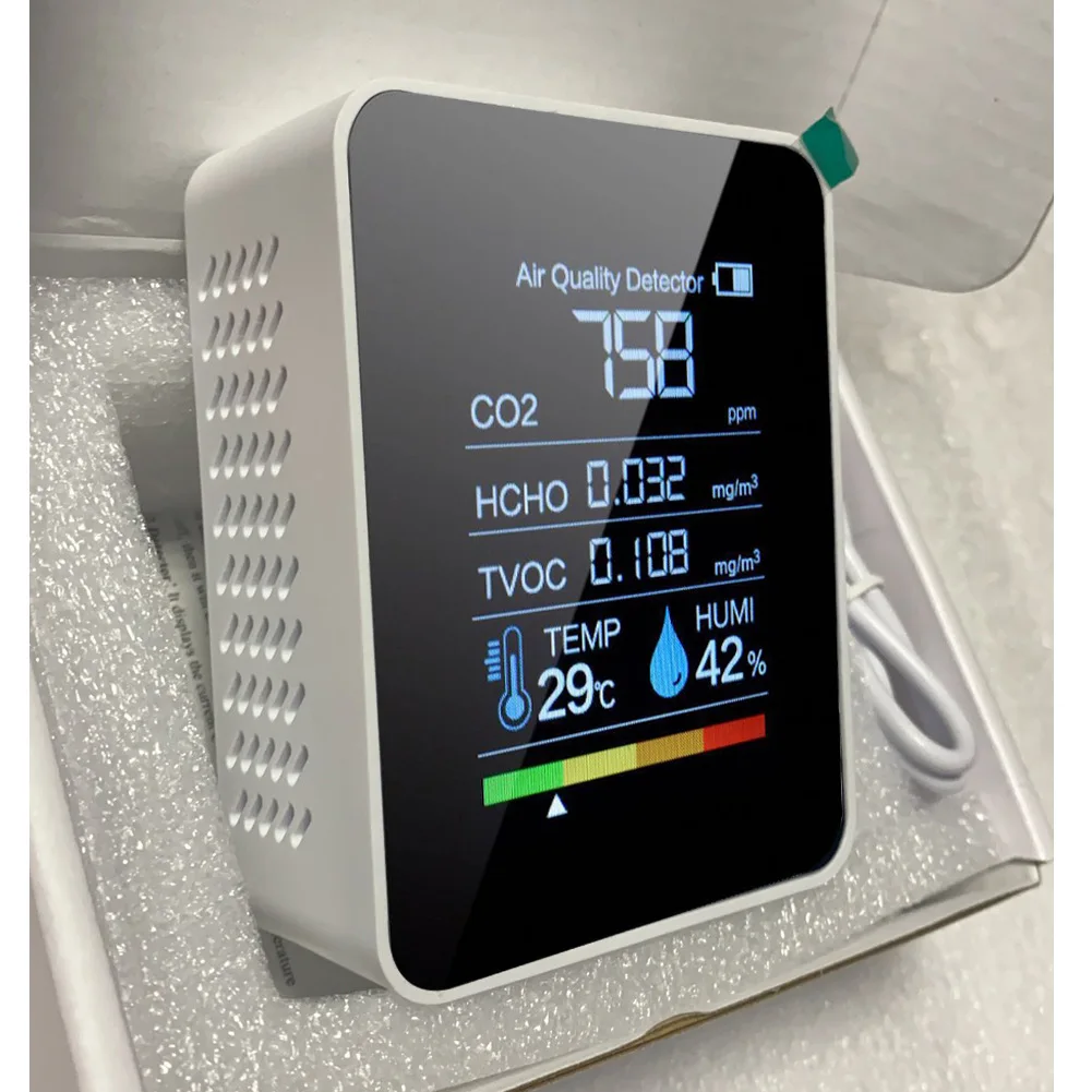 Monitor de Qualidade do Ar Digital, Monitor de Umidade e Temperatura, LCD Recarregável Tester, CO2, HCHO, TVOC, 5 em 1