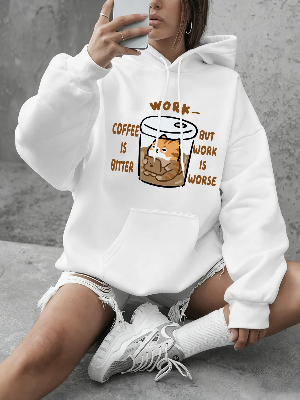 

Толстовки с принтом кофейного кота, женские зимние флисовые теплые толстовки, базовые топы с круглым вырезом, повседневная свободная мягкая одежда