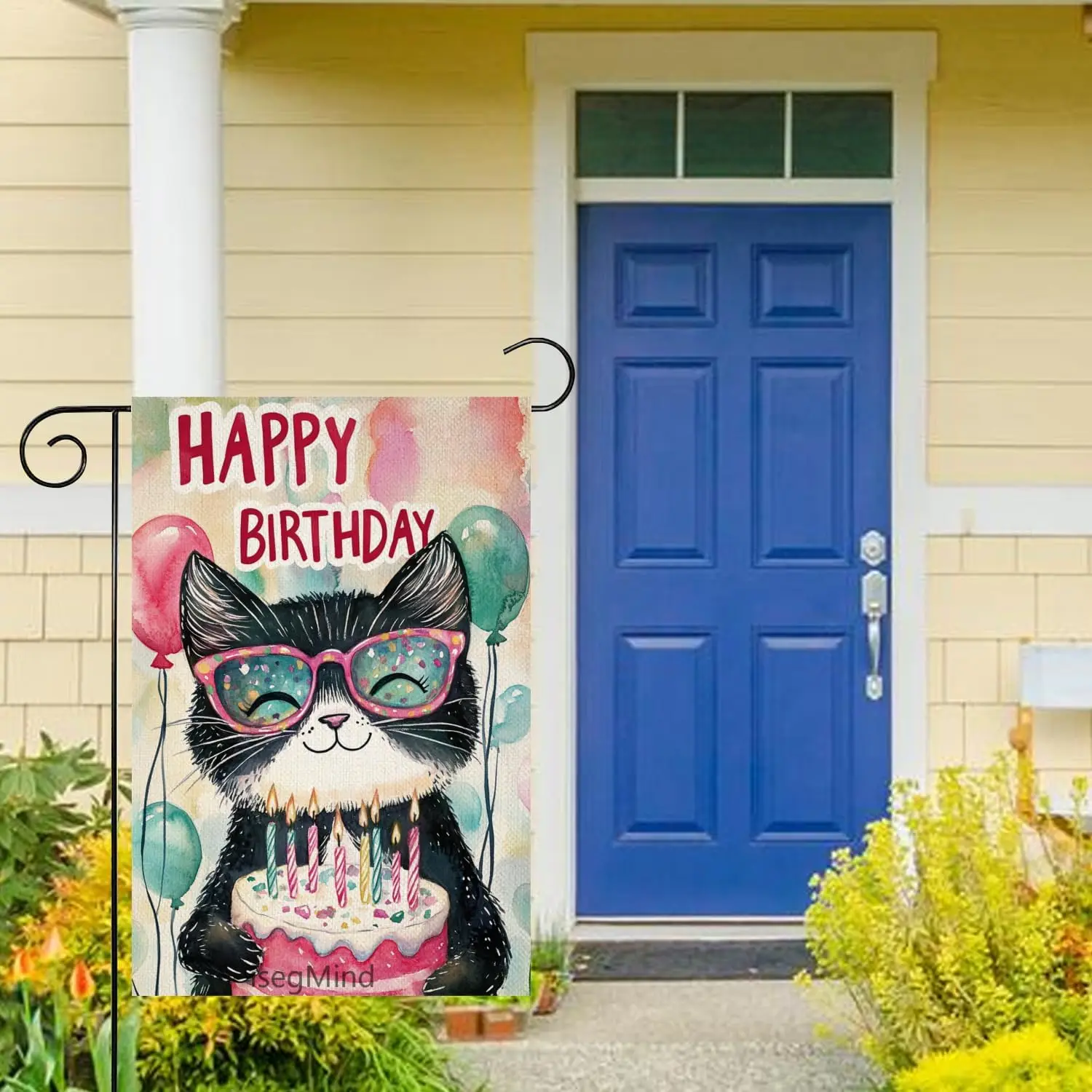 Happy Birthday Garden Flag Tuxedo Cat Garden Flag 12x18 Double Sided Linen, Colorful Balloon Cake Toppers Banner Farmhouse B jjp view 4