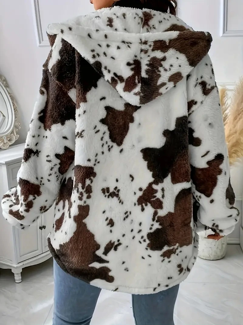 2024 Autumn/Winter Cross border European and American Women\'s Fashion Plush Hoodie with Cow Print Sweatshirt for Women