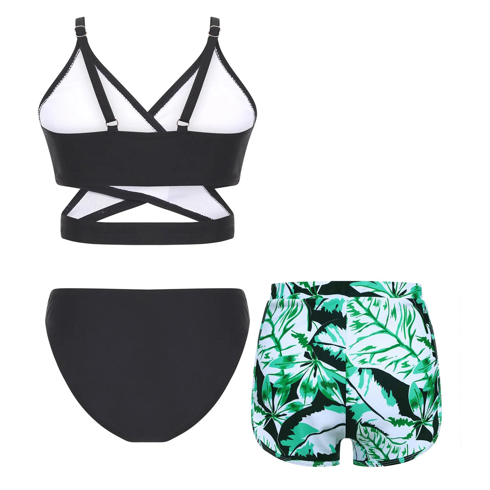 Kids Girls 3-Piece Swimsuit Swim Sets Bathing Suit Adjustable Straps Cross Bikini Bra with Briefs and Feather Printed Shorts