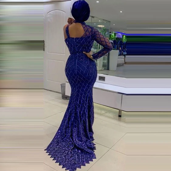 Tùy Chỉnh Nàng Tiên Cá Đầm Xanh Dương Đính Hạt Một Vai Trong Suốt Dài Tay Tiệc Dạ Hội Aso Ebi