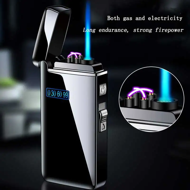 Outdoor Windproof Dual Arc Plasma USB Lighter Blue Flame Turbo Torch Butane Gas Cigar Lighter Battery Display Men\'s Gadgets